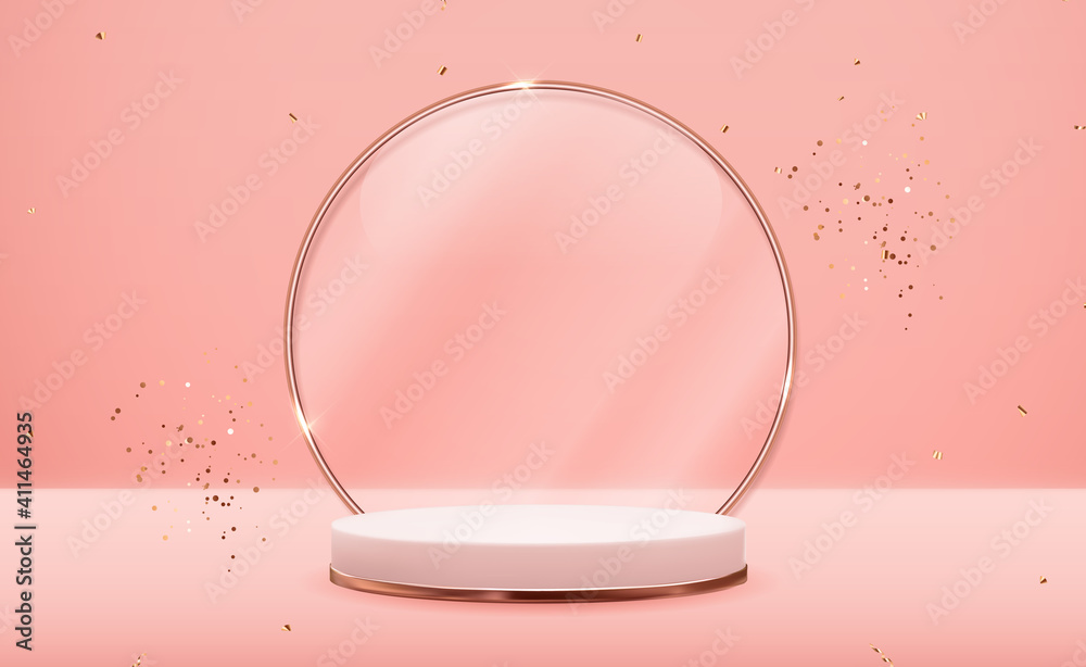 Realistic 3d Rose gold pedestal with golden glass ring frame over pink pastel natural background. Tr