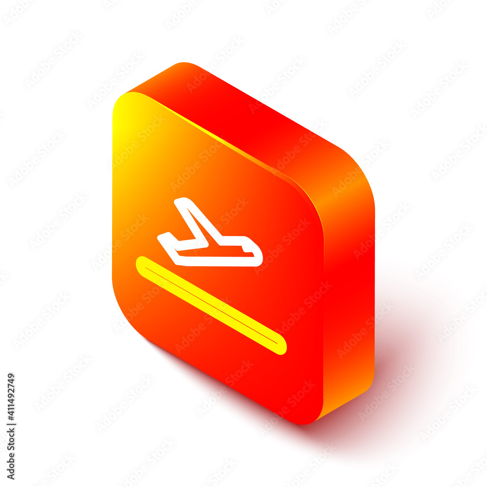 Isometric line Plane takeoff icon isolated on white background. Airplane transport symbol. Orange sq