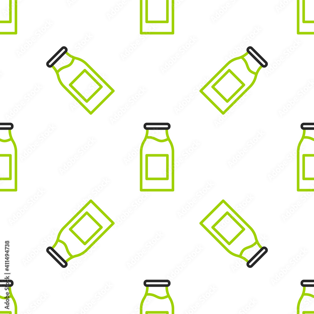 Line Closed glass bottle with milk icon isolated seamless pattern on white background. Vector Illust