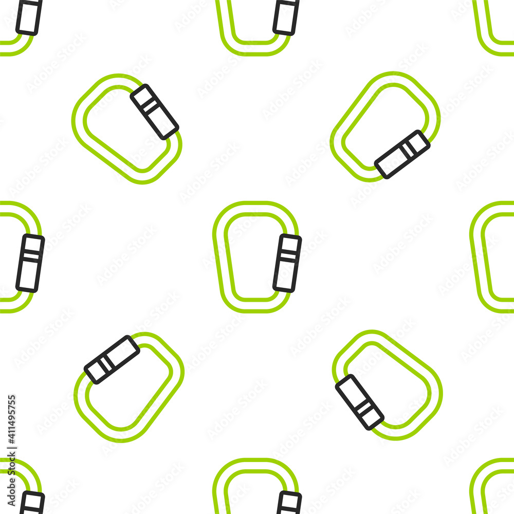 Line Carabiner icon isolated seamless pattern on white background. Extreme sport. Sport equipment. V