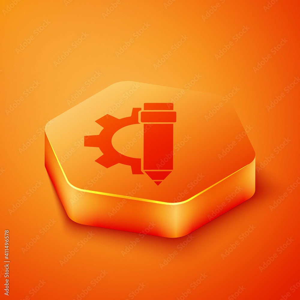 Isometric Pencil and gear icon isolated on orange background. Creative development. Blogging or copy