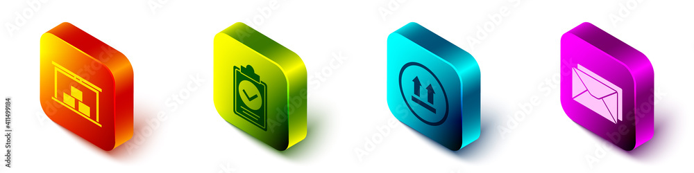 Set Isometric Warehouse, Verification of delivery list clipboard, This side up and Envelope icon. Ve