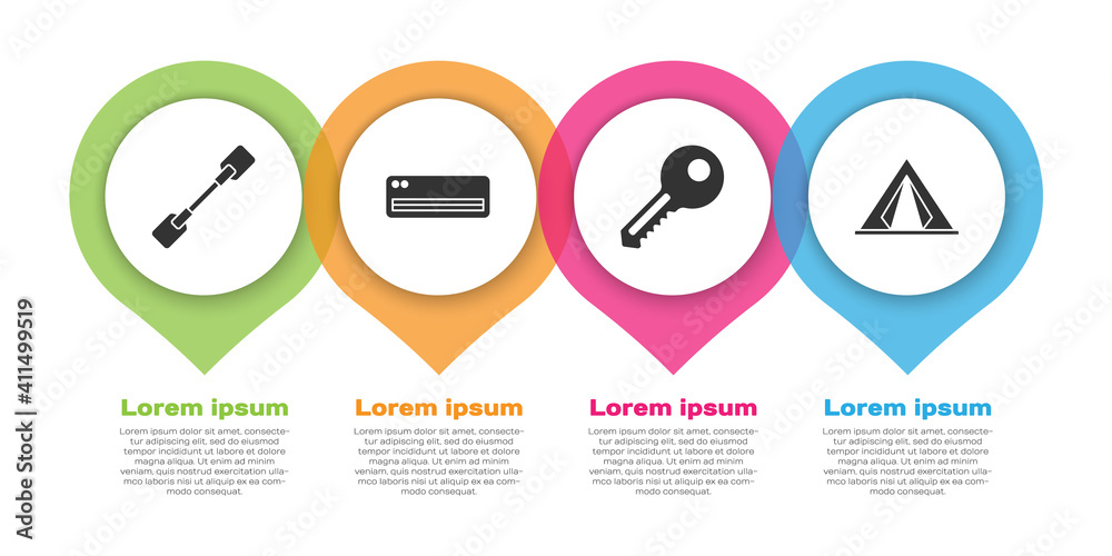 设置桨板、空调、钥匙和旅游帐篷。商业信息图模板。矢量。