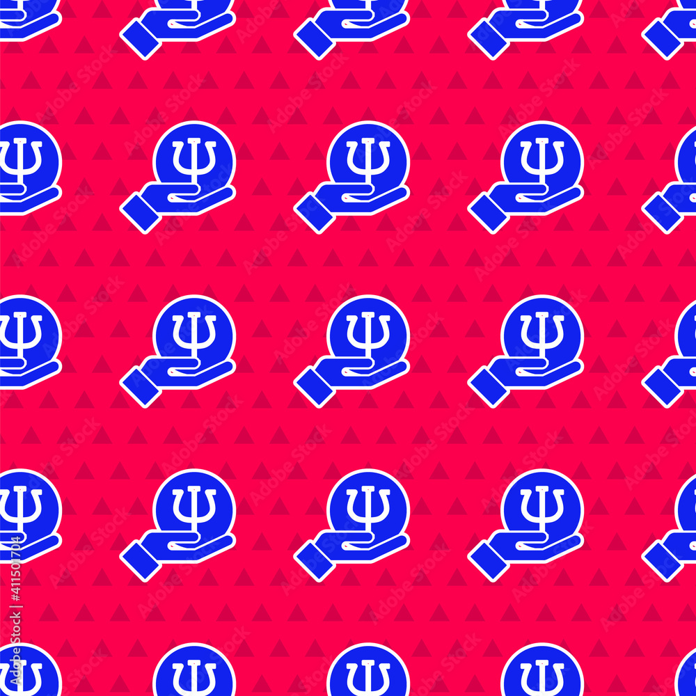 Blue Psychology icon isolated seamless pattern on red background. Psi symbol. Mental health concept,