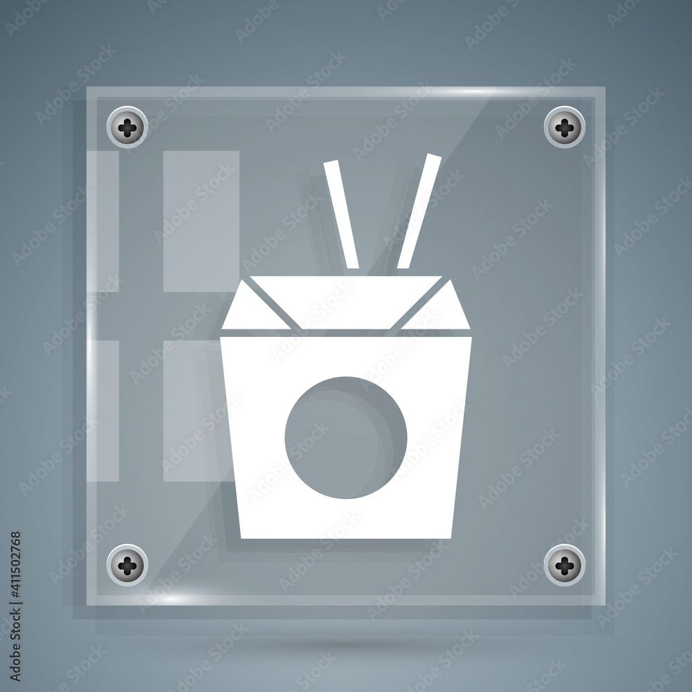 White Asian noodles in paper box and chopsticks icon isolated on grey background. Street fast food. 