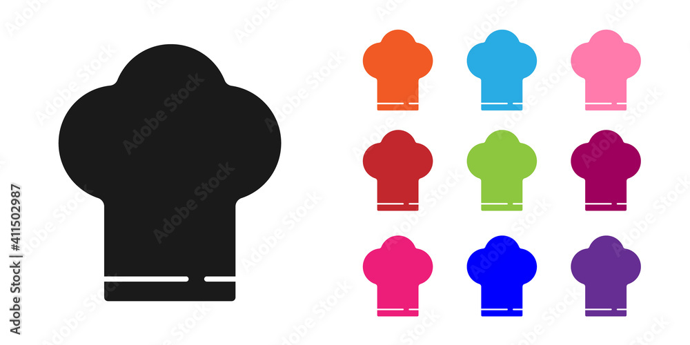 Black Chef hat icon isolated on white background. Cooking symbol. Cooks hat. Set icons colorful. Vec