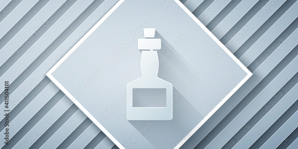 Paper cut Tabasco sauce icon isolated on grey background. Chili cayenne spicy pepper sauce. Paper ar