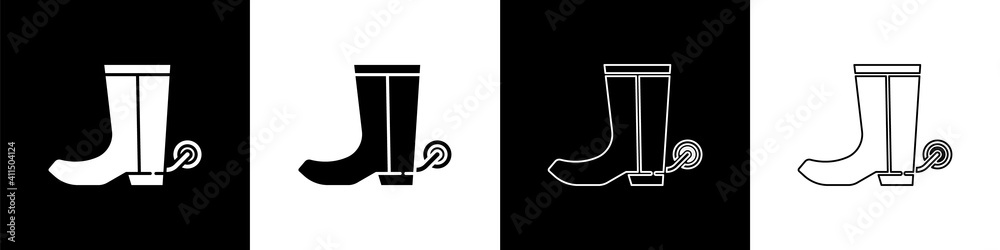 Set Cowboy boot icon isolated on black and white background. Vector.