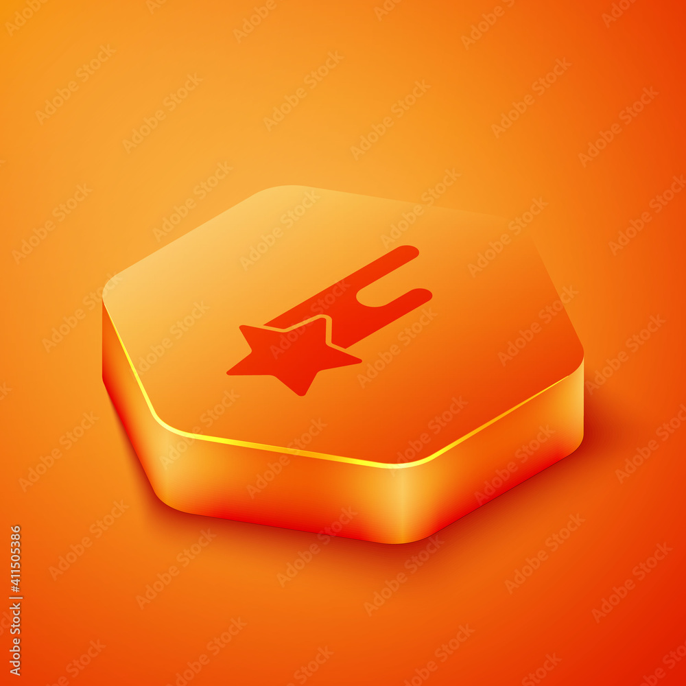 Isometric Falling star icon isolated on orange background. Shooting star with star trail. Meteoroid,