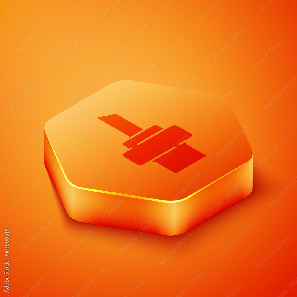 Isometric Wooden cork for wine icon isolated on orange background. Orange hexagon button. Vector.