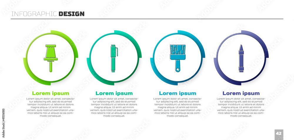 Set Push pin, Pen, Paint brush and Wax crayons for drawing. Business infographic template. Vector.