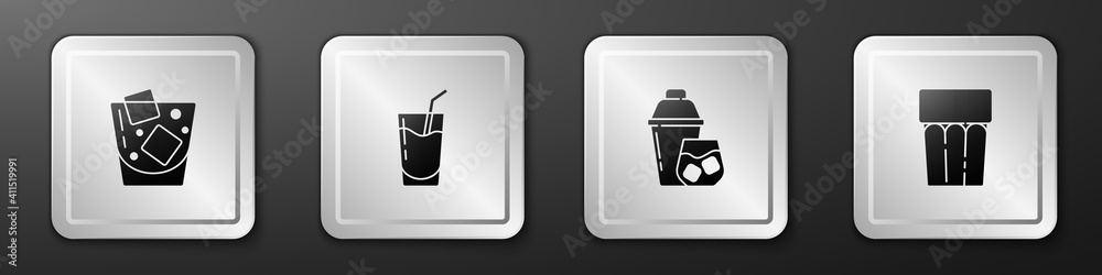 Set Glass of whiskey, Cocktail, shaker and with water icon. Silver square button. Vector.