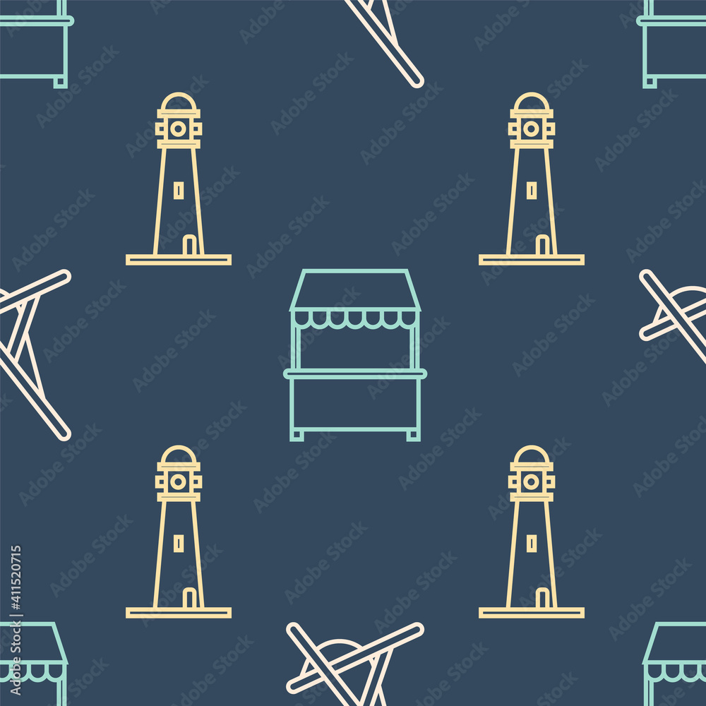 在无缝图案上设置遮阳篷的日光浴、灯塔和街道摊位。矢量。