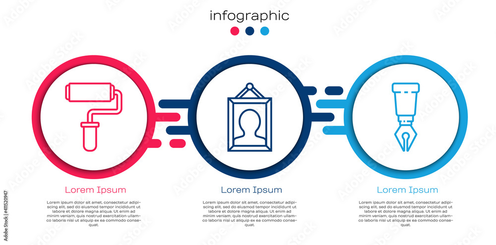 Set line Paint roller brush，Picture and Fountain笔尖。商业信息图模板。Vector。