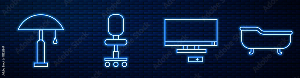 设置线智能电视、台灯、办公椅和浴缸。砖墙上闪闪发光的霓虹灯图标。矢量。