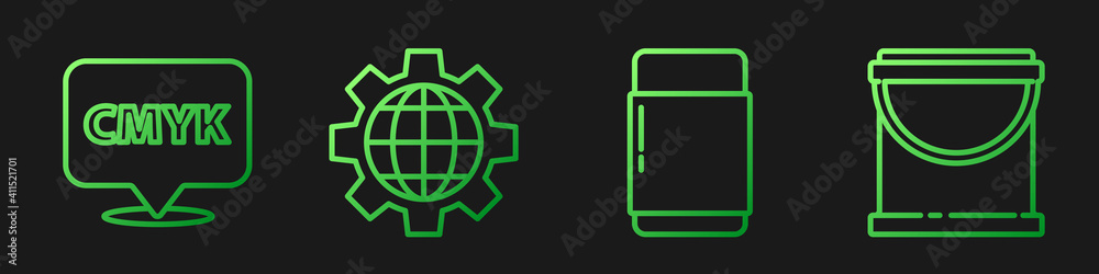 设置线条橡皮擦或橡胶，带文本CMYK的语音气泡，地球仪和齿轮以及油漆桶