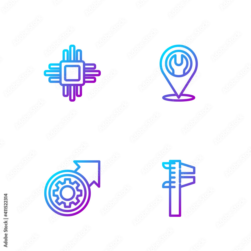 Set line Calliper or caliper and scale, Gear arrows as workflow process, Processor with microcircuit