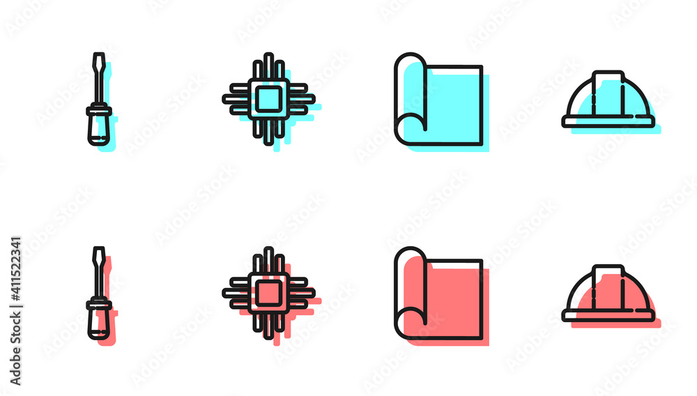 Set line Graphing paper for engineering, Screwdriver, Processor with microcircuits CPU and Worker sa