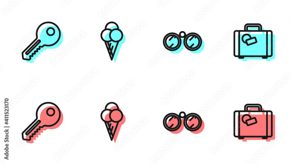 Set line Binoculars, Key, Ice cream waffle cone and Suitcase icon. Vector.