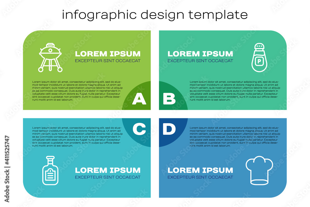 Set line Sauce bottle, Barbecue grill, Chef hat and Pepper. Business infographic template. Vector.