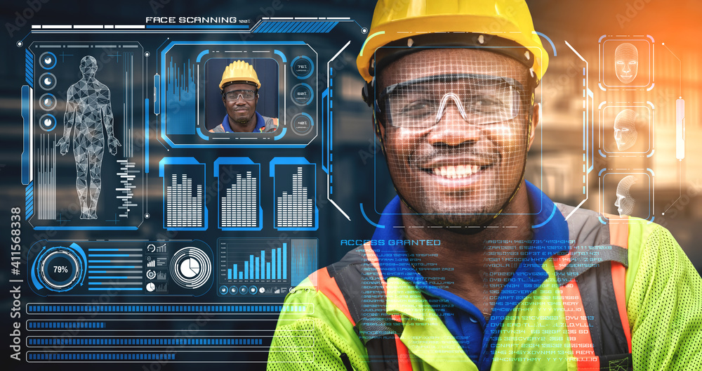 Facial recognition technology for industry worker to access machine control . Future concept interfa