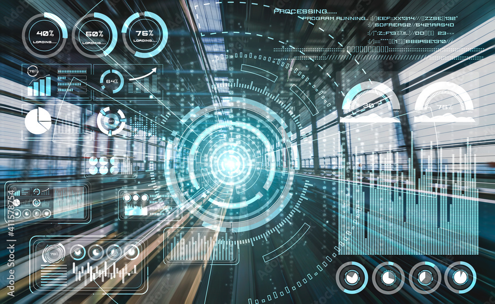 Data analytic concept with high speed motion digital transfer background showing fast big data proce