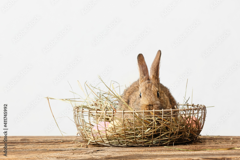 Cute fluffy rabbit sitting in basket on wooden table against light background