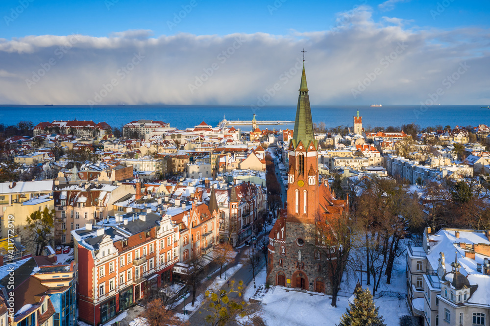 Beautiful cityscape of Sopot city at snowy winter. Poland