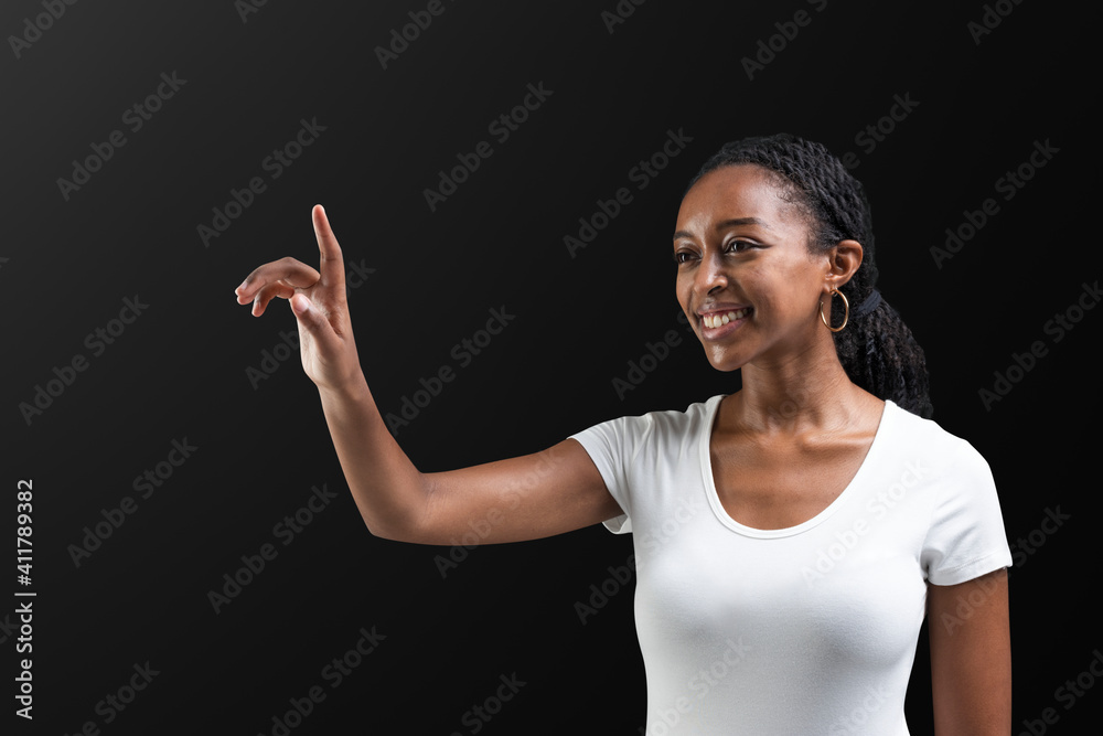 Woman touching virtual screen futuristic social media cover