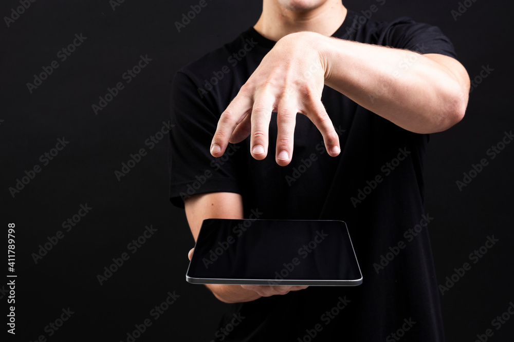 Businessman holding his tablet social media cover