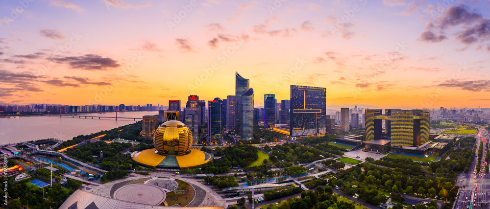 Aerial photography of Hangzhou city modern architecture landscape.