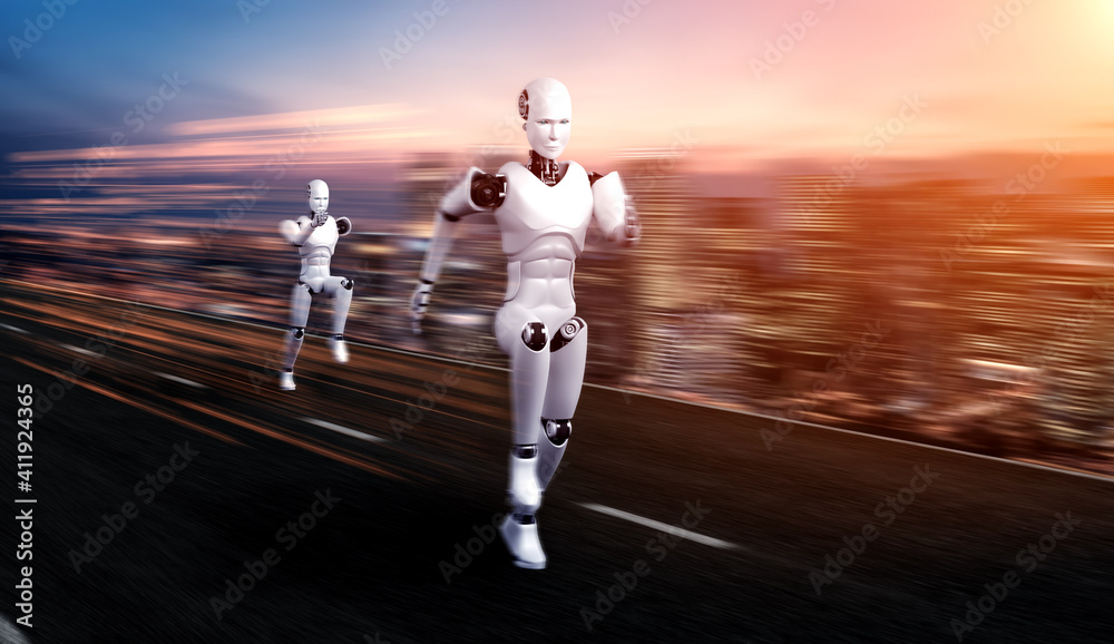 Running robot humanoid showing fast movement and vital energy in concept of future innovation develo