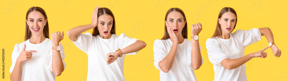 Collage of young woman with wristwatches on color background