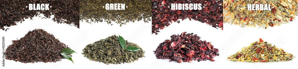 Heap of dry black tea leaves on white background