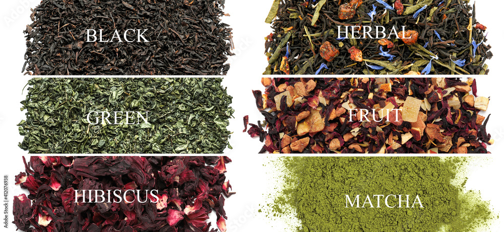 Different types of dry tea on white background