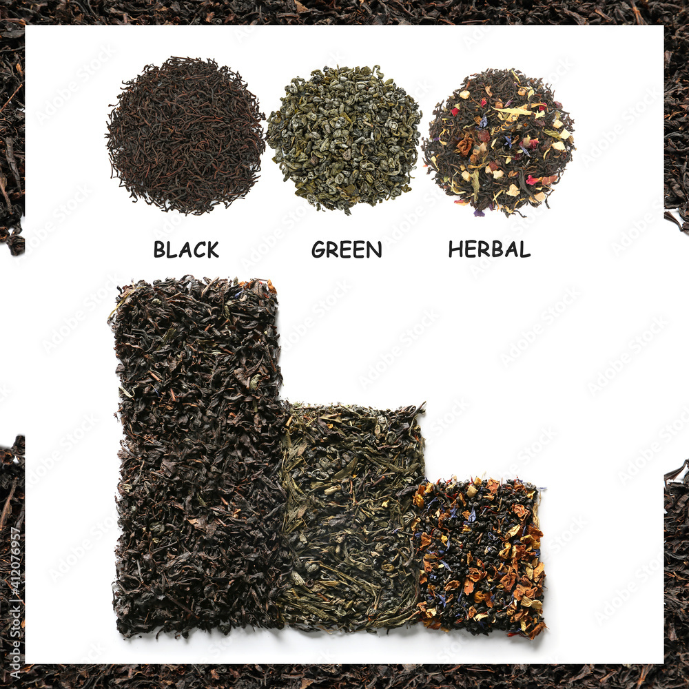 Different types of dry tea leaves on white background