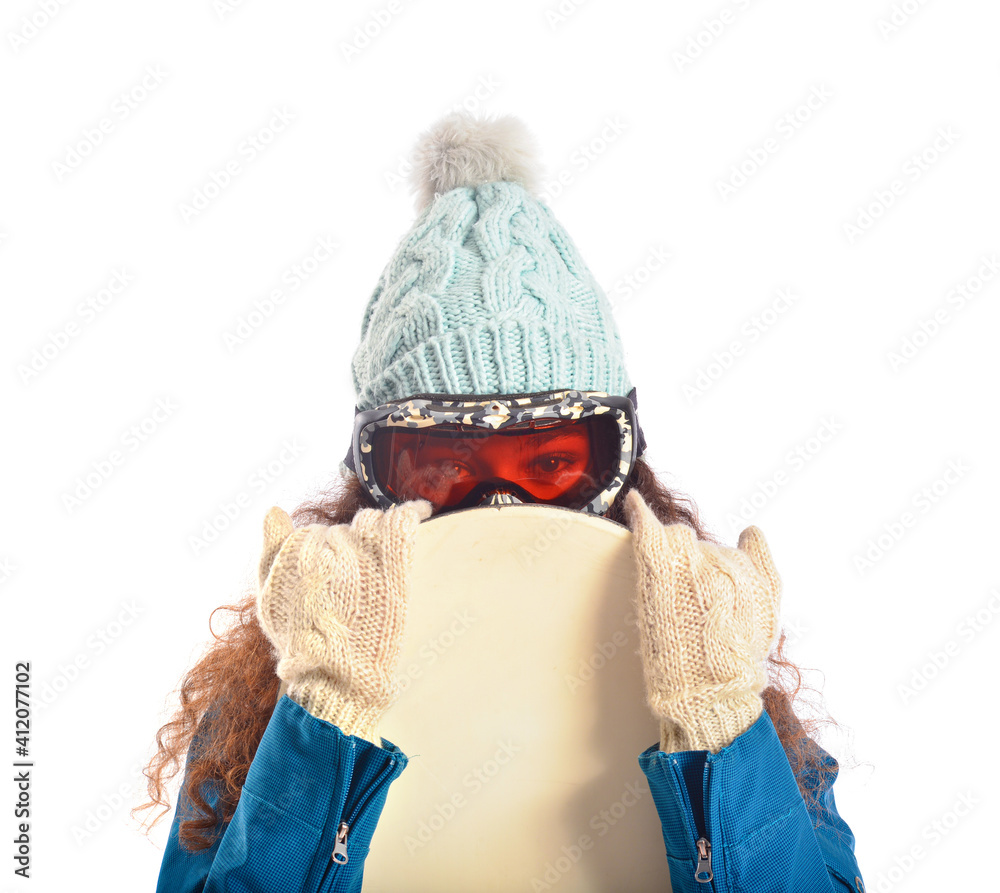 Female snowboarder on white background