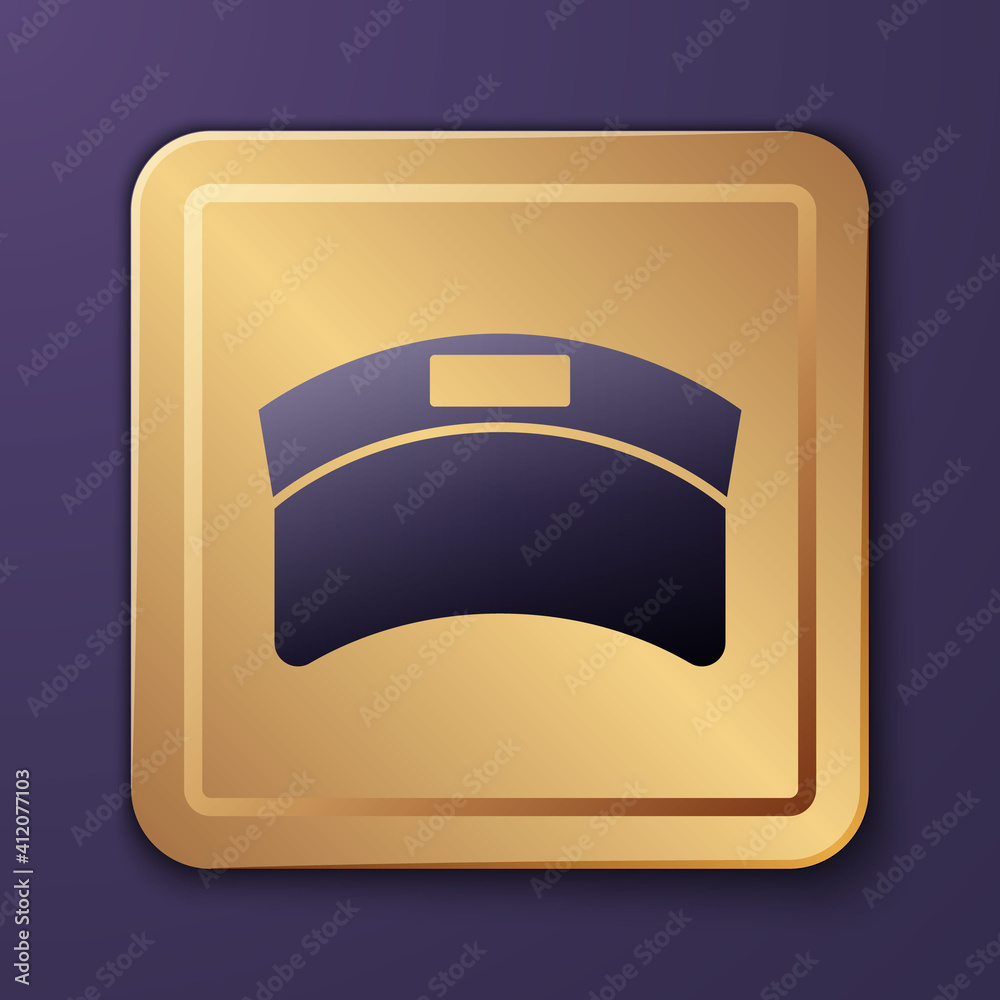 Purple Sun visor cap icon isolated on purple background. Sport equipment. Sports uniform. Gold squar