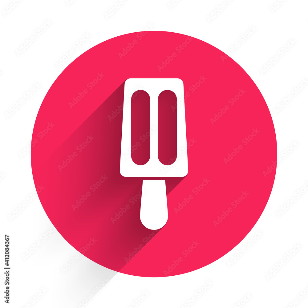 White Ice cream on stick icon isolated with long shadow. Sweet symbol. Red circle button. Vector.