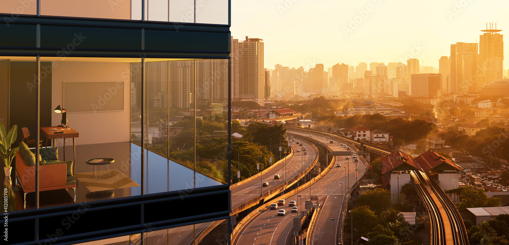 Panoramic view of beautiful evening cityscape