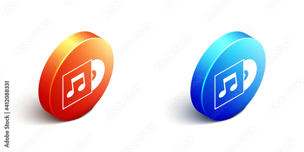 Isometric Vinyl disk icon isolated on white background. Orange and blue circle button. Vector.