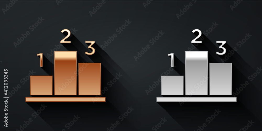 体育冠军领奖台上的金银奖图标被隔离在黑色背景上。长阴影风格