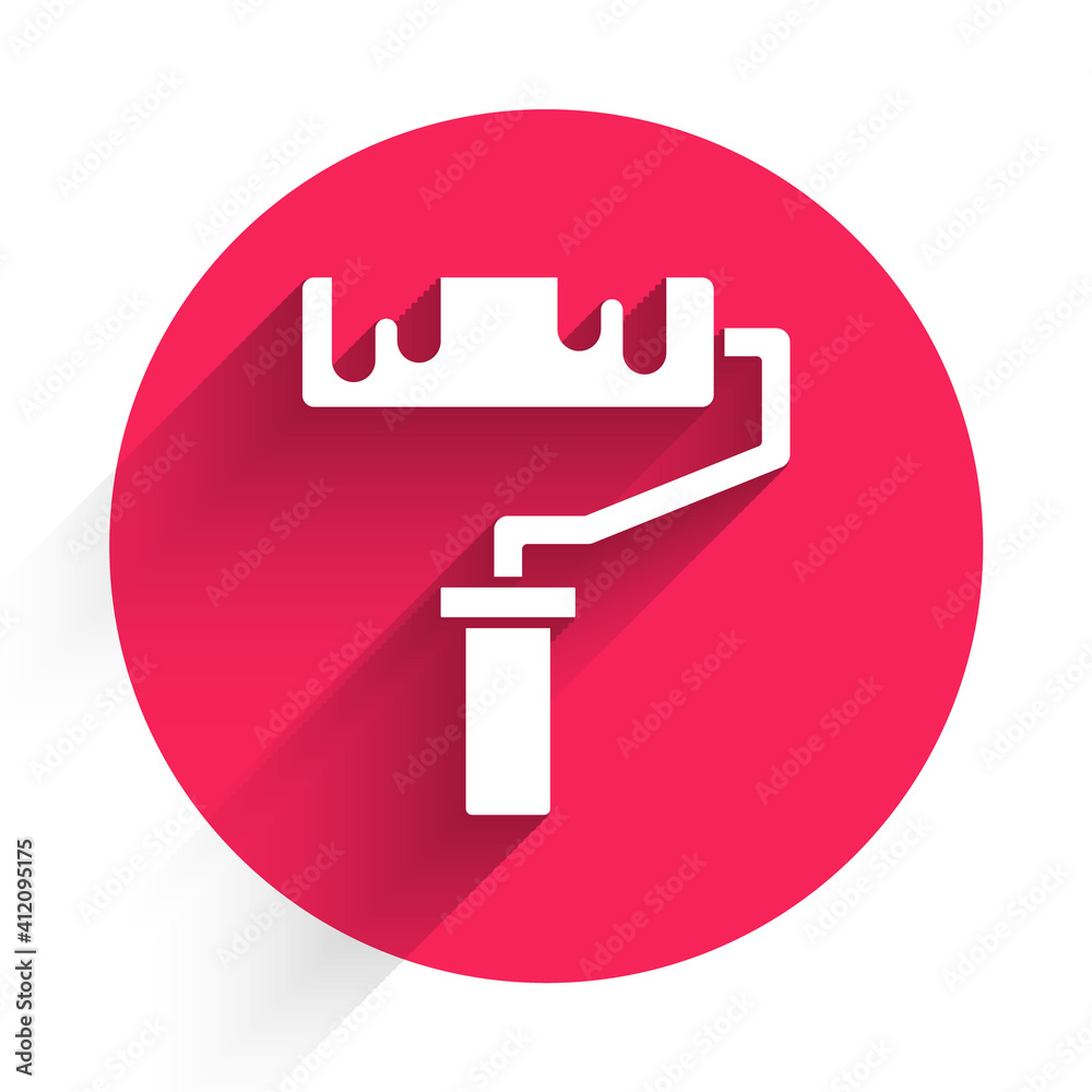 White Paint roller brush icon isolated with long shadow. Red circle button. Vector.