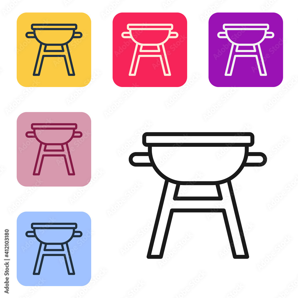 Black line Barbecue grill icon isolated on white background. BBQ grill party. Set icons in color squ