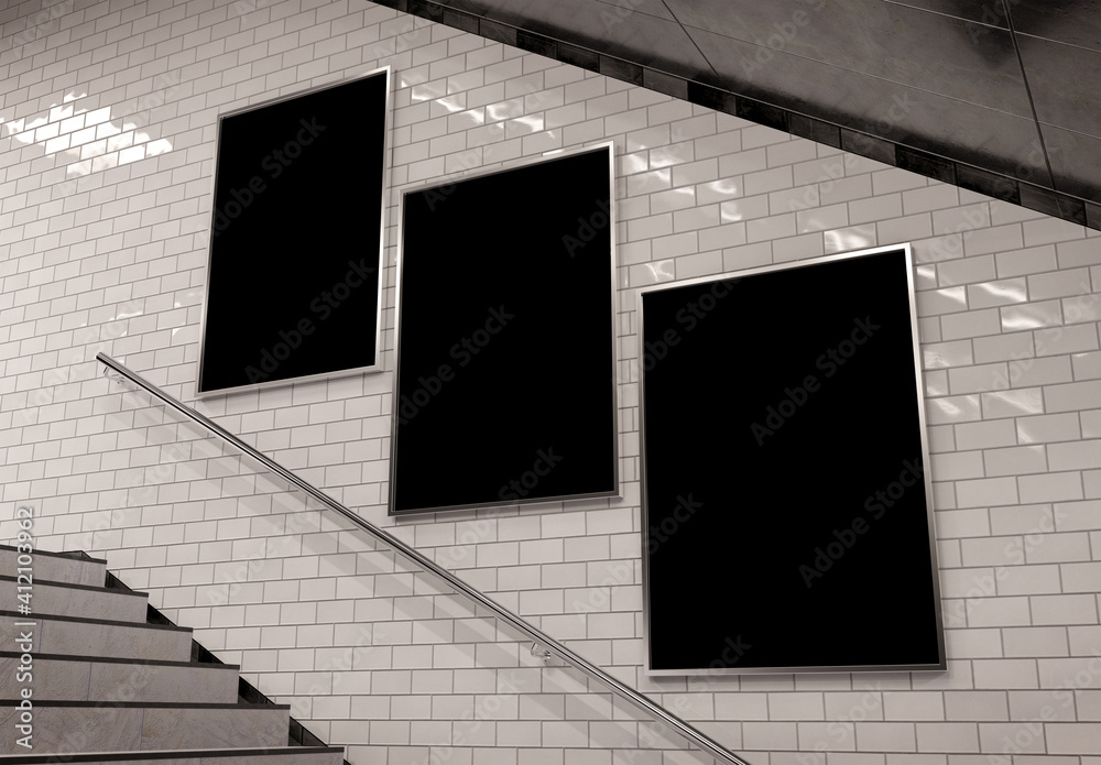 Three vertical billboards on underground stairs wall Mockup. Triptych hoardings advertising in white