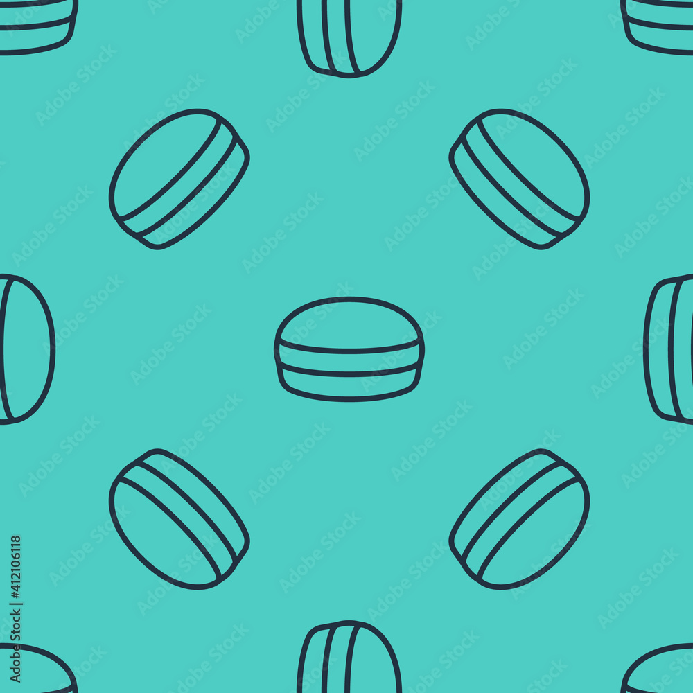 Black line Macaron cookie icon isolated seamless pattern on green background. Macaroon sweet bakery.