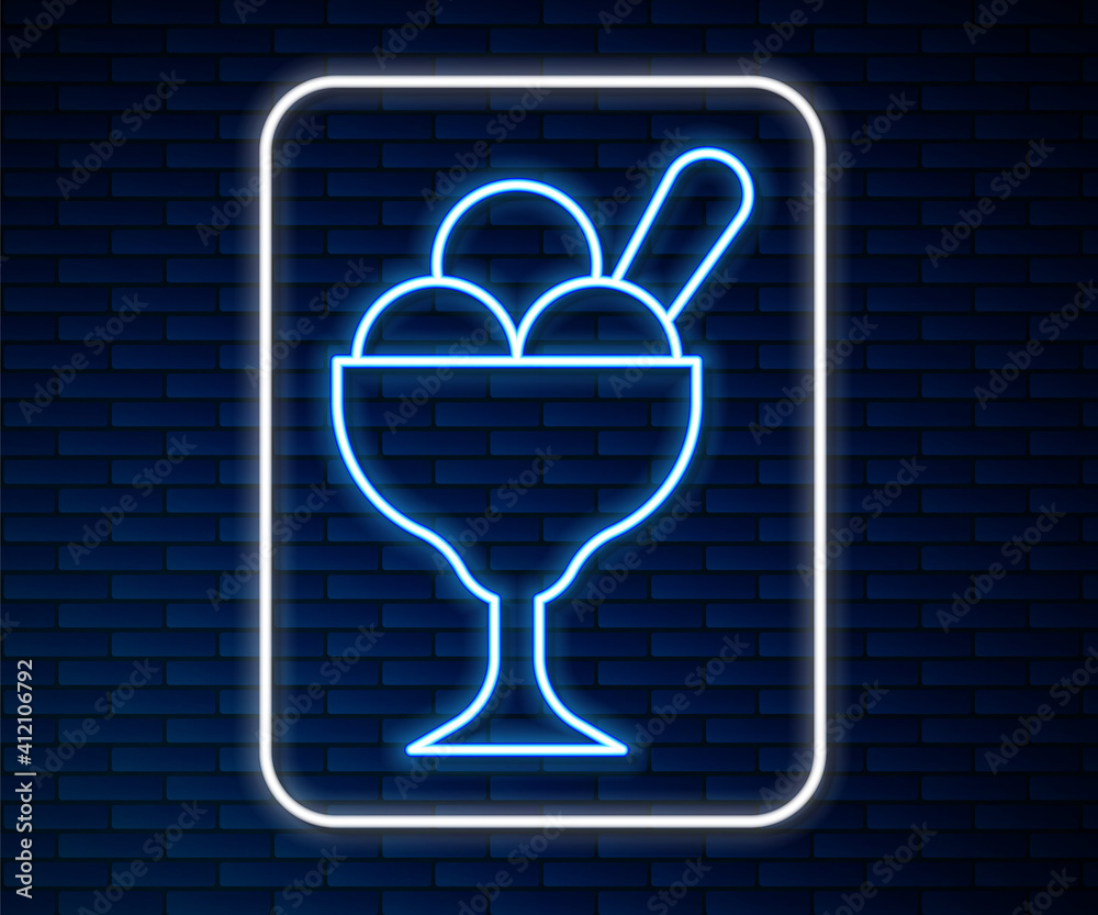 Glowing neon line Ice cream in the bowl icon isolated on brick wall background. Sweet symbol. Vector