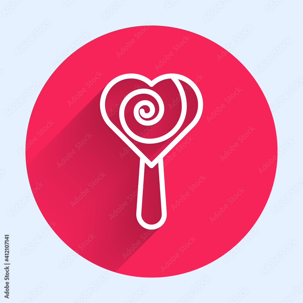 White line Lollipop icon isolated with long shadow. Food, delicious symbol. Red circle button. Vecto