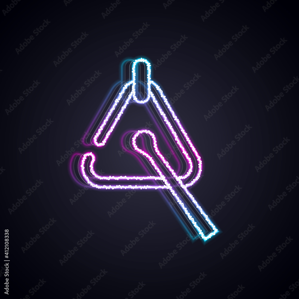 Glowing neon line Triangle musical instrument icon isolated on black background. Vector.