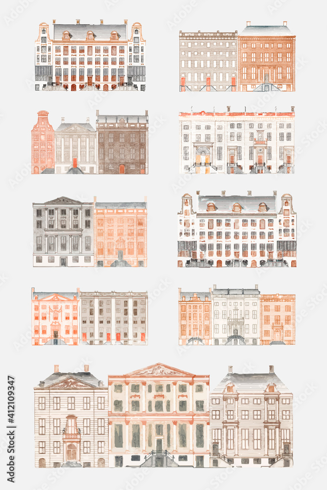 European old building vector hand drawn illustration set